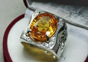 16 Carat Oval Cut Rare Deep Yellow Citrine Sterling Silver 925 Handmade Men Ring - Picture 1 of 12