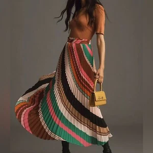 Maeve by Anthropologie Isobel Silky Pleated Maxi Skirt Multicolor Boho Size 6 - Picture 1 of 12