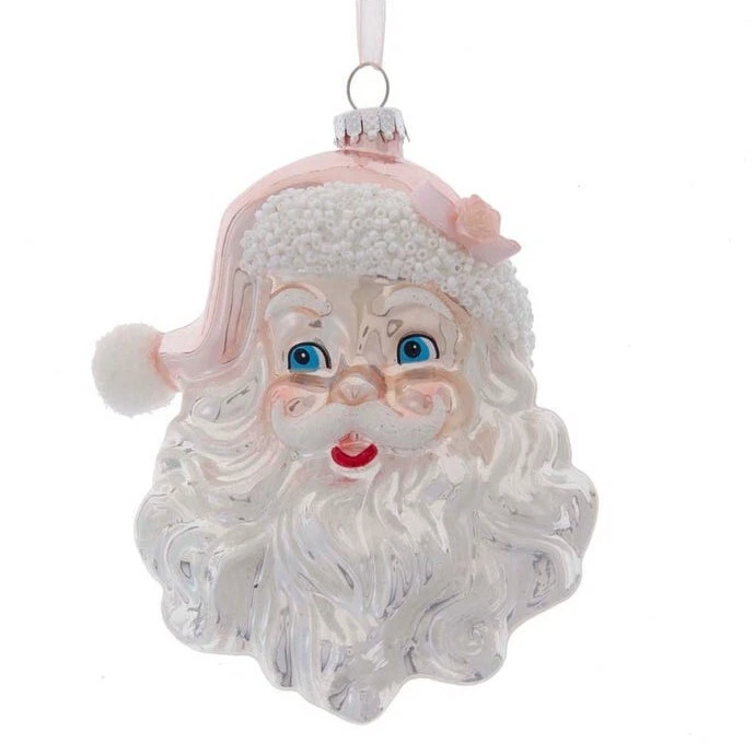 Kurt Adler Glass PINK SANTA Head Shabby Cottage Chic Christmas Ornament 5.5" NWT