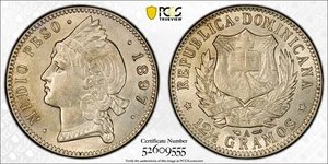 REPUBBLICA DOMINICANA Argento 1897 A 1/2 Peso PCGS MS62 Tonalità Chiara RARO KM# 15 (5) - Foto 1 di 6