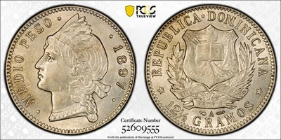 REPÚBLICA DOMINICANA Plata 1897 A 1/2 Peso PCGS MS62 Tonificado Claro RARO KM# 15 (5) Foto 1 de 4