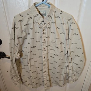 The Nature Company Wilderness Shirt Mens XL Tan Cotton Fish All Over Print - Picture 1 of 6