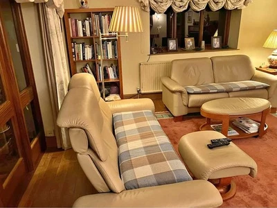 Stressless Light Beige Leather 2 Seater x2 Sofa + Footstool (PTP) - Image 1 of 4