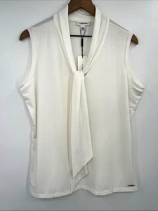 Calvin Klein Sleeveless Tie Neck Blouse Women XL Ivory Career Wear Stretchy - Picture 1 of 10