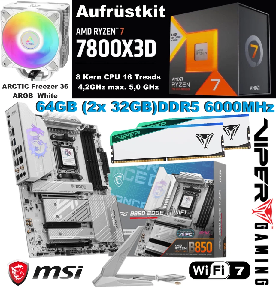 Aufrüstkit AMD Ryzen 7 7800X3D MSI B850 EDGE TI WIFI 64GB DDR5 6000MHz RGB Weiss - Bild 1 von 1