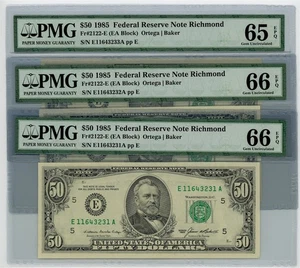 FR. 2122-E $50 1985 Federal Reserve Note 3 Consecutive 65-66 EPQ PMG DC-2604 - Picture 1 of 3