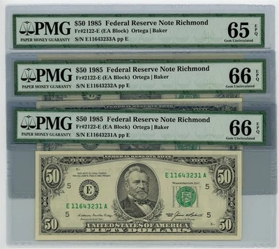 FR. 2122-E $50 1985 Federal Reserve Note 3 Consecutive 65-66 EPQ PMG DC-2604 - Image 1 of 3