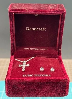 Danecraft Silver Plated Crystal Cross and Earrings Display Box Lit - Image 1 of 4