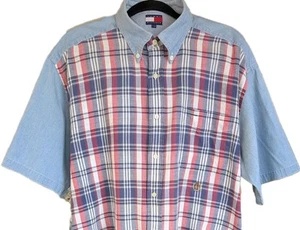 VTG Tommy Hilfiger Plaid Chambray Button Down Shirt Size L Red White Blue Preppy - Picture 1 of 11