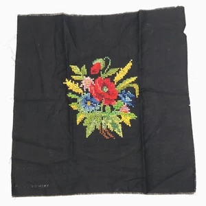 Antico ricamo fatto a mano punto croce tessuto floreale lino 13” pezzi nero - Foto 1 di 7