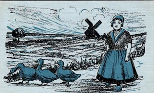 Little Dutch Girl with Geese and Windmill Postcard - Picture 1 of 2