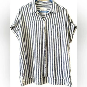 Lola River Striped Short Sleeve Linen Button Down Blouse Size Large - Picture 1 of 4
