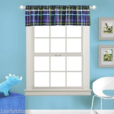 Kas Kids Dino Boy's Room Window Valance Blue Green White Striped Plaid 80X15"  - Image 1 of 2