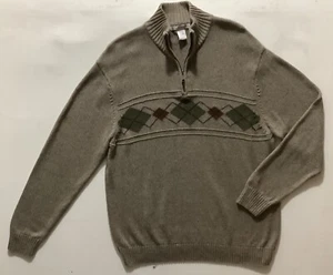 Vtg Sweater Geoffrey Beene XL Henley Zip Argyle Beige 100% Cotton Mock Neck Dad - Picture 1 of 7