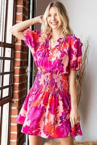 First Love Floral Short Sleeve Smocked Mini Dress - Picture 1 of 7