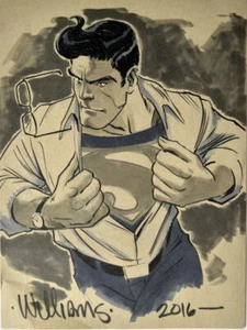 CLARK KENT / PENNA ORIGINALE SUPERMAN / SCHIZZO AD ACQUERELLO artista David Williams - Foto 1 di 2