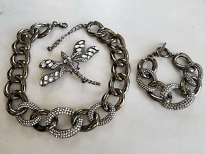 NEW AUTH KJL KENNETH JAY LANE NECKLACE WIDE HEAVY CHAIN CRYSTALS GUNMETAL - Picture 1 of 10
