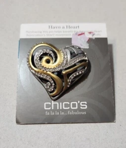 Chicos Heart Pin Brooch Rhinestone Bronze Silver Tone Black Hesrt Association - Picture 1 of 6