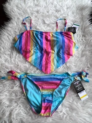 California waves Womens Jr's Bikini Set Top L Bottom M Pink Rainbow Swimwear  - Image 1 of 4