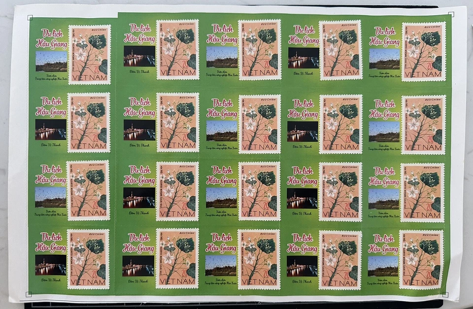 Etiquetas adhesivas Vietnam 2024 sello vintage hoja completa flor Hau Giang Post Foto 1 de 1