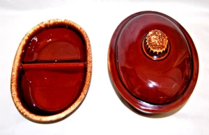 Hull Pottery Brown Drip Glaze Oval Divided Bowl & Oval Covered Casserole   M5139 - Picture 1 of 19
