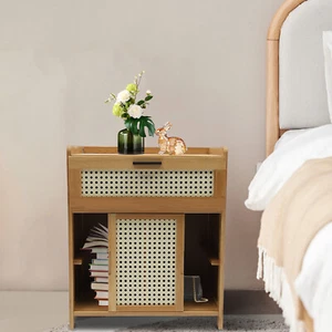 Bamboo Rattan Nightstand Boho Bedside End Table w/ Drawer & Wood Leg for Bedroom - Picture 1 of 46