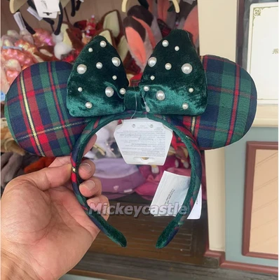 Autentico Cerchietto Orecchio Disney 2025 Natale Topolino e Minnie Plaid Perline - Immagine 1 di 2