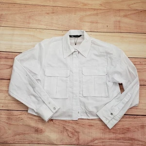 Zara Jacket Womens XS White Cropped Utility Button Up Long Sleeve Pocket Shacket - Picture 1 of 10