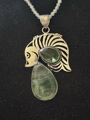 Opalite 17” Adj. Necklace W 925- 2-1/2”x 2-3/4” Florite Peridot Fish Pendant - Image 1 of 4