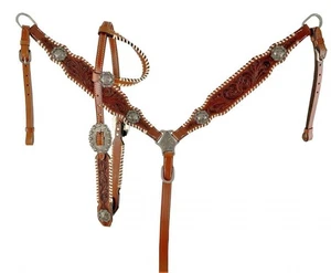 Showman Leather Single Ear Headstall & Breast Collar Set w/ Floral Tooling & - Imagen 1 de 5