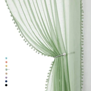 Pom-Pom Tende Trasparenti Verde per Camera da Letto 95 Pollici Lunghe Nappa Lino Texturizzato... - Foto 1 di 9