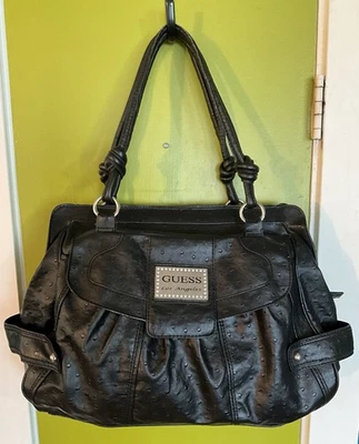 VTG Y2K Black Guess KAREN Large Shoulder Bag Faux Ostrich 2000s Grunge Sleaze - Image 1 of 4