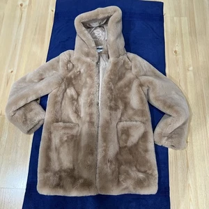 Damen Apparis Sand Kunstfell Mittellang Kapuze Teddy Mantel Fronttaschen Größe XS - Bild 1 von 14