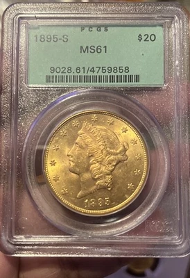 Золотой двойной орел с головой Свободы 1895-S $20 — редкий держатель Rattler PCGS MS61 - Изображение 1 из 4