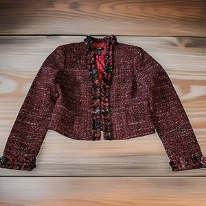 Alfani Petite 4P Red Black Boucle Tweed Fringe Jacket Wool Cropped Lined Blazer - Picture 1 of 9