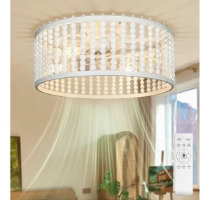 20" Boho Wood Beaded Fandelier, 6-Speed Flush Mount Caged Ceiling Fan with Light - Picture 1 of 9
