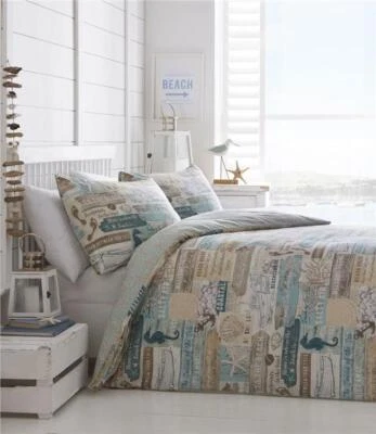 Seaside duvet cover set coastal drift wood sea shells beach hut signs bedding