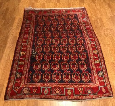 Alfombra tinte vegetal anudada a mano 100 % lana geométrica tribal vintage de 4,6 x 7 pies Foto 1 de 4