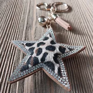 Portachiavi leopardato stella strass nappa bling boho cowgirl borsa ciondolo clip - Foto 1 di 5