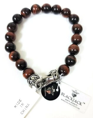 NEW BLACKJACK AGED SILVER TONE,BEADED RARE GENUINE RED TIGER EYE STONE BRACELET - Image 1 of 4