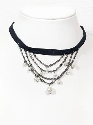 Collar gargantilla estilo victoriano negro terciopelo blanco imitación perlas drapeado cadena 14 pulgadas Foto 1 de 4