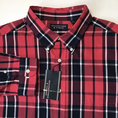 NEW! Roundtree & Yorke Men's XXL 2XL Long Sleeve Red Plaid Dress Shirt - Image 1 of 4