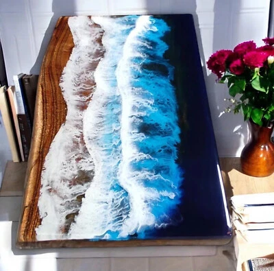 Ocean Waves Blue Epoxy Table Tops Handmade Custom Made Resin River Wooden Slab - Image 1 of 4