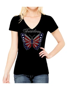 CAMISETA MANGA CORTA CUELLO CORTO BANDERA DE MARIPOSA RHINESTONE JULIO 4TH VETERANS - Imagen 1 de 2