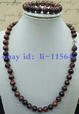 Delicado collar pulsera de cuentas de piedras preciosas redondas ojo de tigre rojo de 10 mm 18/7,5" regalo Foto 1 de 4
