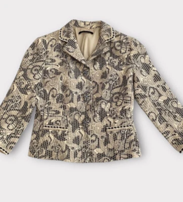 Chaqueta Blazer Elie Tahari Pequeña Texturizada Floral Manga 3/4 Joyas Botón Iglesia Foto 1 de 4