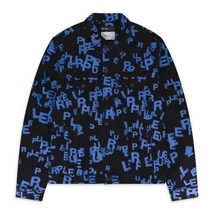 NWT PURPLE BRAND BLACK/BLUE LETTERS PRINT TRUCKER DENIM JACKET SIZE XXL $450 - Picture 1 of 6