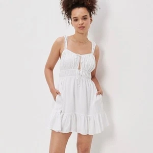 AMERICAN EAGLE Boho Tie Front Mini Dress White Large L - Picture 1 of 10