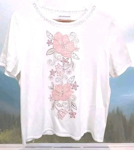 Alfred Dunner Pullover Kurzarm Koralle Blumen bestickt verziert Wmns M - Bild 1 von 3