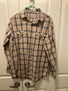 Vintage LL Bean USA Made Cotton Tan Plaid LS Shirt Size L EUC - Picture 1 of 2